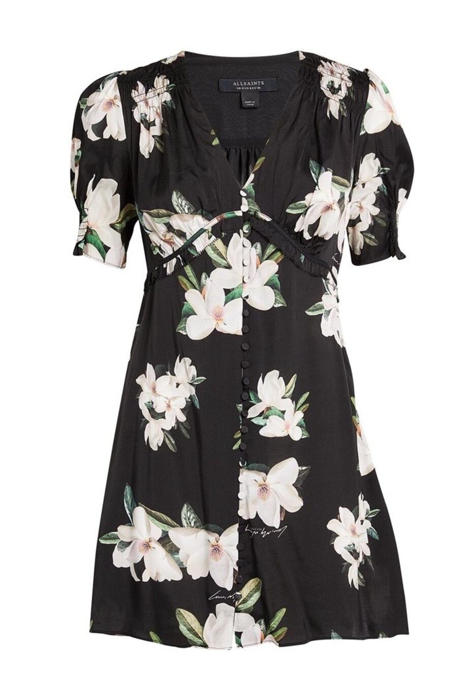 AllSaints Demi Alessandra Floral Mini Dress Black White US 4 Short Sleeve